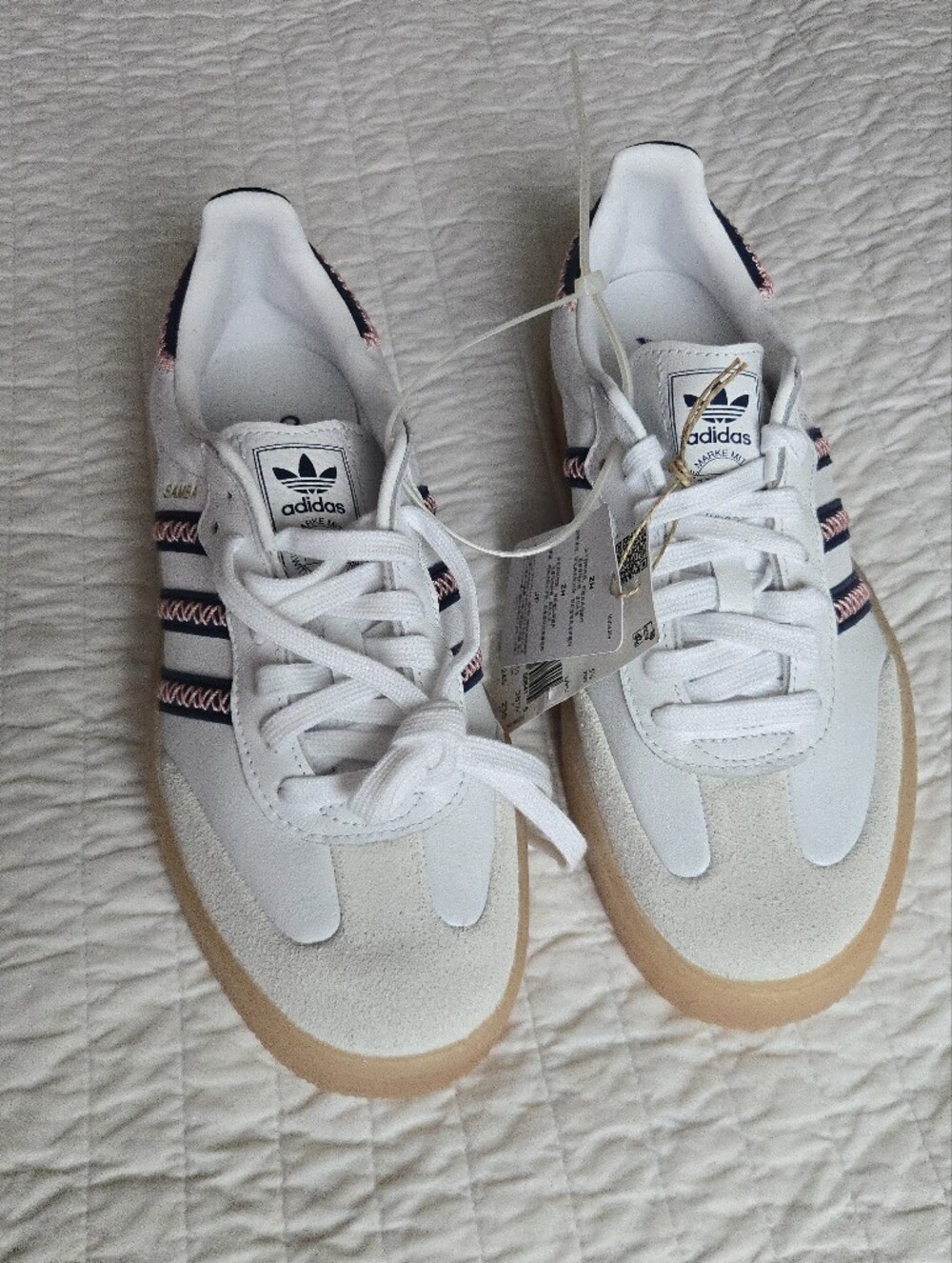 Adidas Samba Sambae Women 7.5 White Navy Bkue Stitch Leather Suede 0926 - Picture 2 of 9